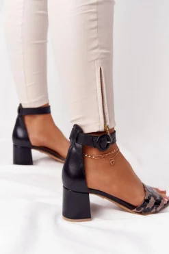 Hot Skórzane Sandały Na Obcasie 04141-46 Czarno-Złote Damskie Sandały Na Obcasie