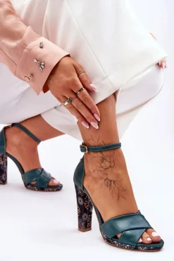 Discount Maciejka Skórzane Sandały Na Obcasie 06081-09 Ciemnozielone