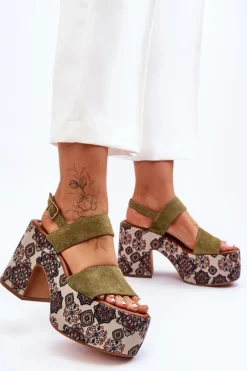 Clearance Maciejka Skórzane Sandały Na Obcasie 06089-24 Zielone