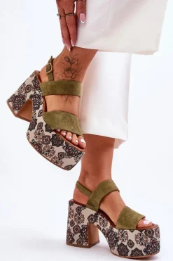 Clearance Maciejka Skórzane Sandały Na Obcasie 06089-24 Zielone