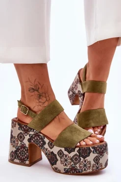 Clearance Maciejka Skórzane Sandały Na Obcasie 06089-24 Zielone