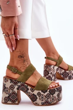 Clearance Maciejka Skórzane Sandały Na Obcasie 06089-24 Zielone