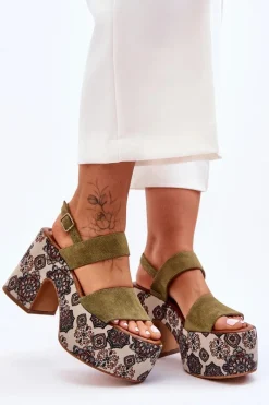 Clearance Maciejka Skórzane Sandały Na Obcasie 06089-24 Zielone