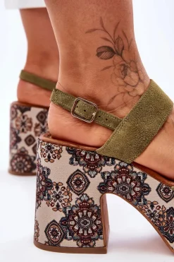 Clearance Maciejka Skórzane Sandały Na Obcasie 06089-24 Zielone