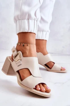 Skórzane Sandały Na Obcasie La.Fi Beżowe Leratto Damskie Sandały Na Obcasie