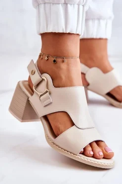 Skórzane Sandały Na Obcasie La.Fi Beżowe Leratto Damskie Sandały Na Obcasie