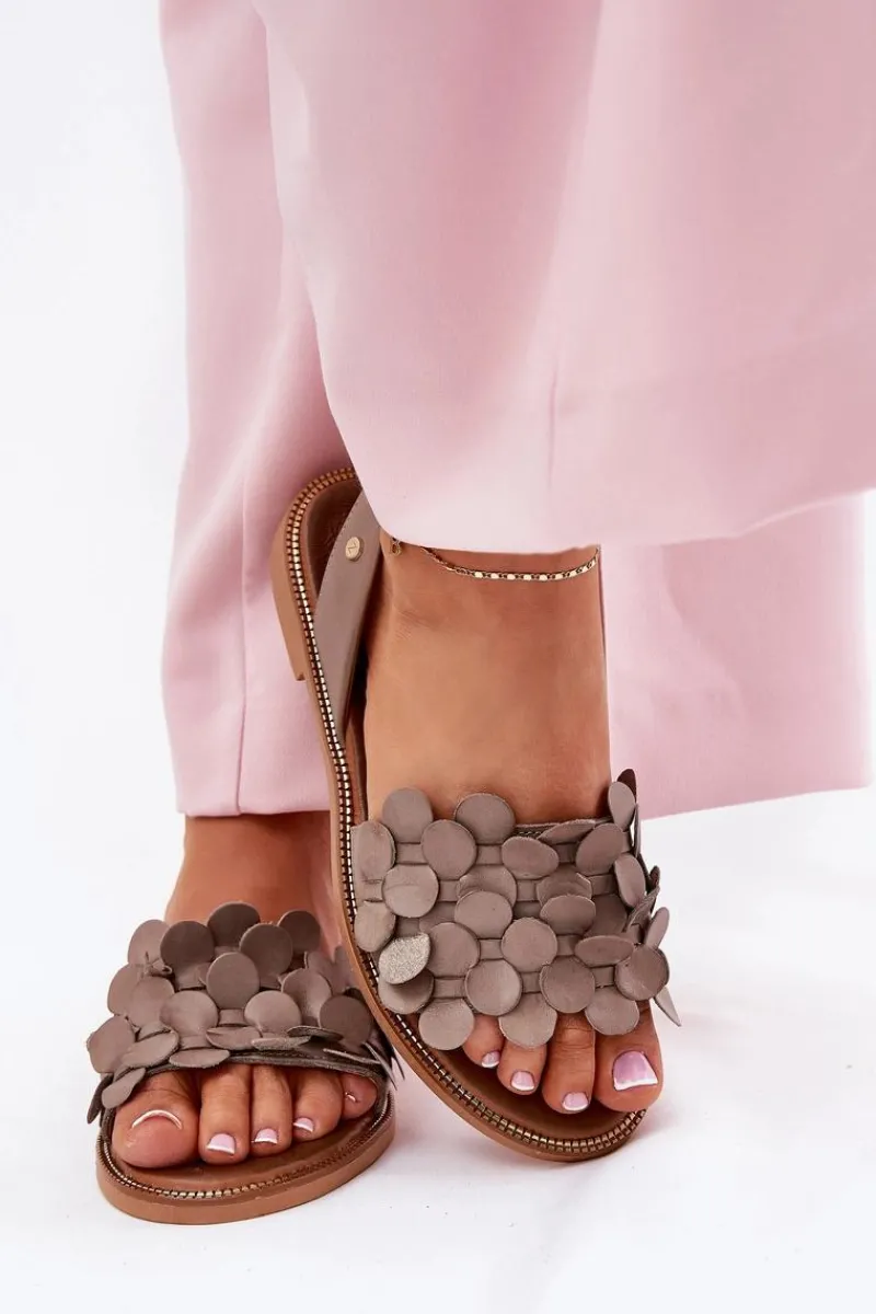 Best Skórzane Sandały Na Płaskim Obcasie 40425 Ciemnobeżowe Damskie Sandały Płaskie