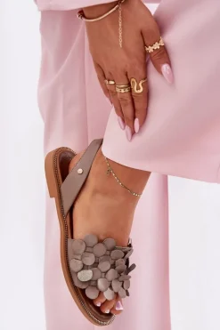 Best Skórzane Sandały Na Płaskim Obcasie 40425 Ciemnobeżowe Damskie Sandały Płaskie