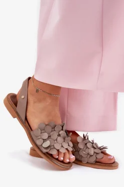 Best Skórzane Sandały Na Płaskim Obcasie 40425 Ciemnobeżowe Damskie Sandały Płaskie