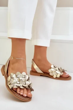 Sandały Płaskie>Zazoo Skórzane Sandały Na Płaskim Obcasie 40425 Złote Złoty