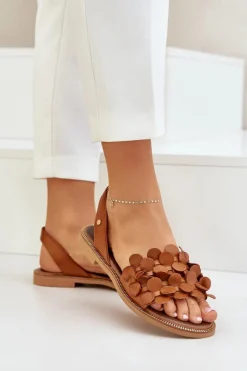 Hot Skórzane Sandały Na Płaskim Obcasie 40425 Brązowe Damskie Sandały Płaskie