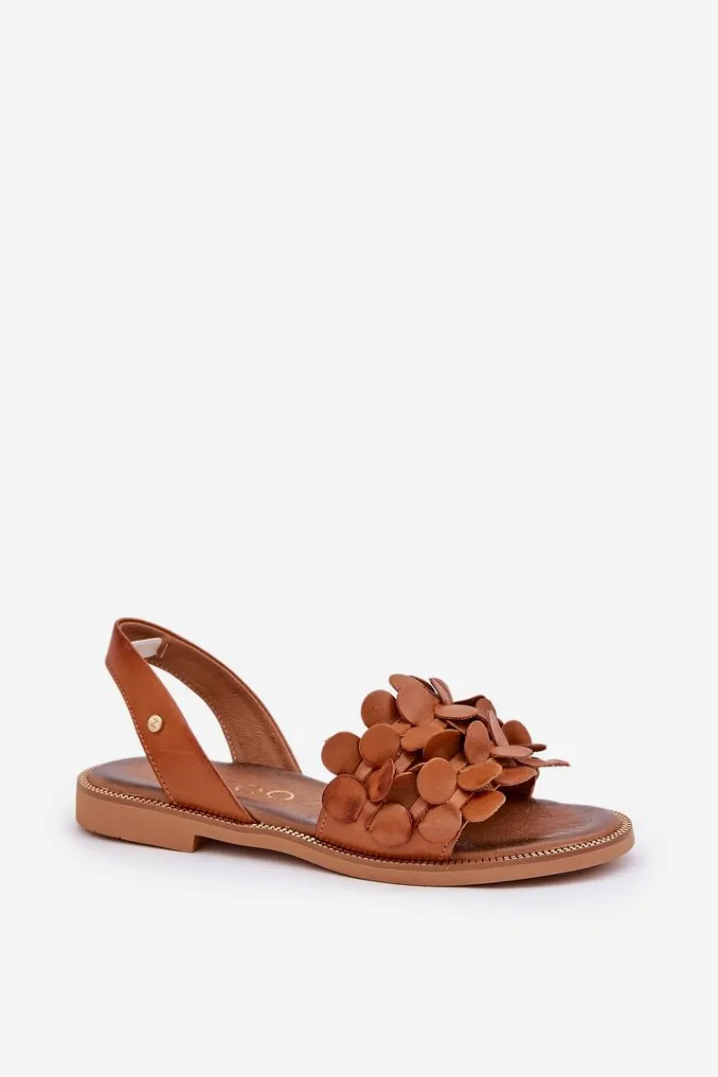 Hot Skórzane Sandały Na Płaskim Obcasie 40425 Brązowe Damskie Sandały Płaskie