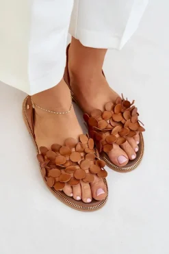 Hot Skórzane Sandały Na Płaskim Obcasie 40425 Brązowe Damskie Sandały Płaskie