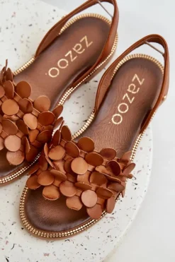 Hot Skórzane Sandały Na Płaskim Obcasie 40425 Brązowe Damskie Sandały Płaskie