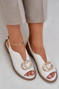 Best Skórzane Sandały Na Płaskim Obcasie Z Ozdobą 2865 Jasnobeżowe Damskie Sandały Płaskie
