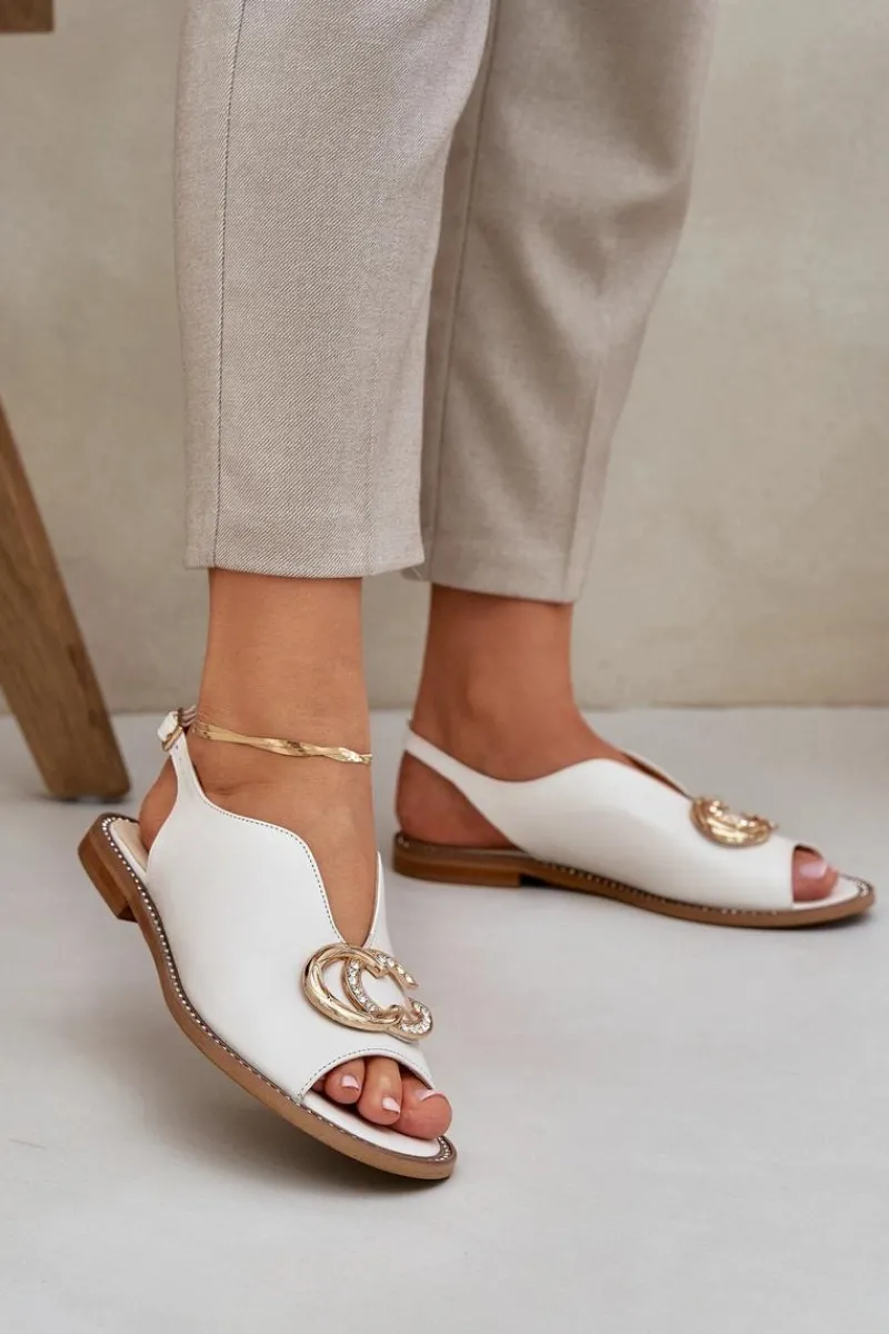 Best Skórzane Sandały Na Płaskim Obcasie Z Ozdobą 2865 Jasnobeżowe Damskie Sandały Płaskie