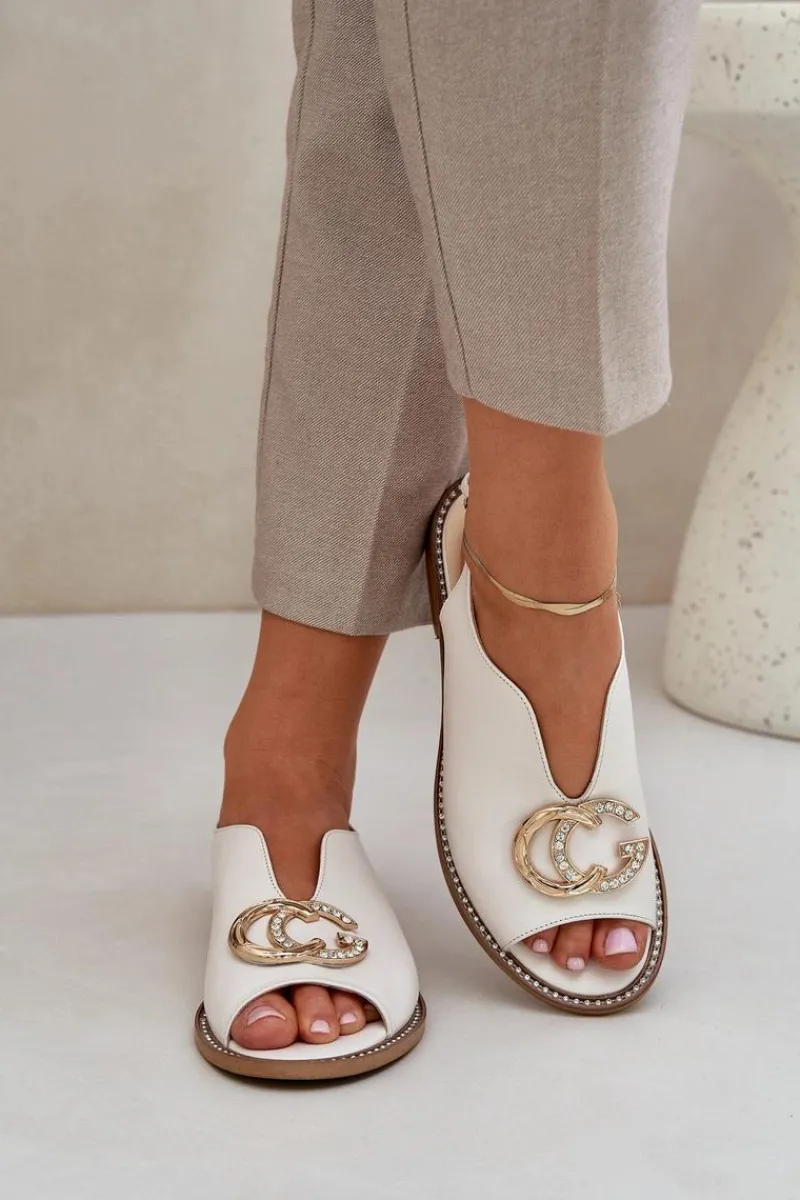 Best Skórzane Sandały Na Płaskim Obcasie Z Ozdobą 2865 Jasnobeżowe Damskie Sandały Płaskie