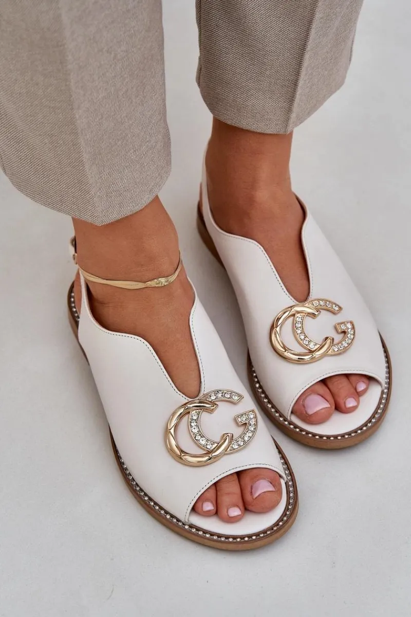 Best Skórzane Sandały Na Płaskim Obcasie Z Ozdobą 2865 Jasnobeżowe Damskie Sandały Płaskie