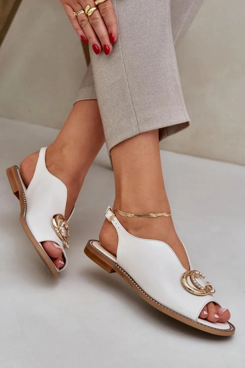 Best Skórzane Sandały Na Płaskim Obcasie Z Ozdobą 2865 Jasnobeżowe Damskie Sandały Płaskie