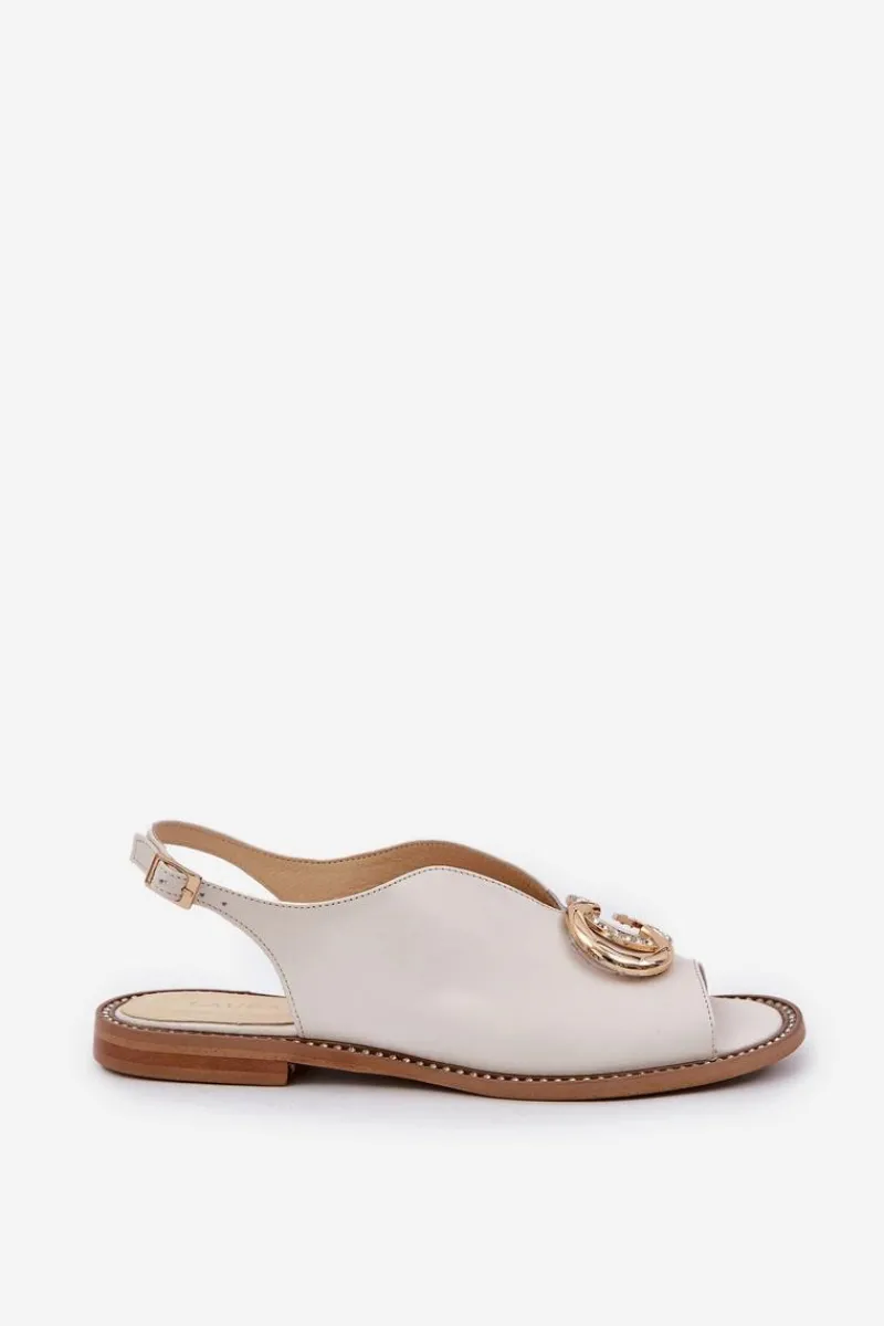 Best Skórzane Sandały Na Płaskim Obcasie Z Ozdobą 2865 Jasnobeżowe Damskie Sandały Płaskie