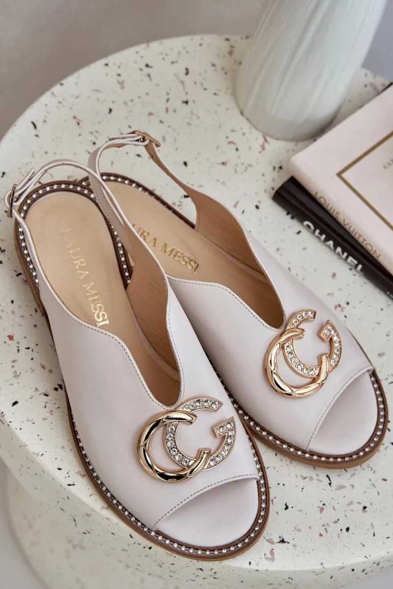 Best Skórzane Sandały Na Płaskim Obcasie Z Ozdobą 2865 Jasnobeżowe Damskie Sandały Płaskie