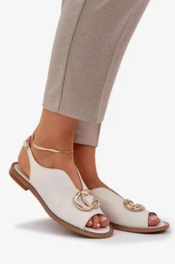 Best Skórzane Sandały Na Płaskim Obcasie Z Ozdobą 2865 Jasnobeżowe Damskie Sandały Płaskie