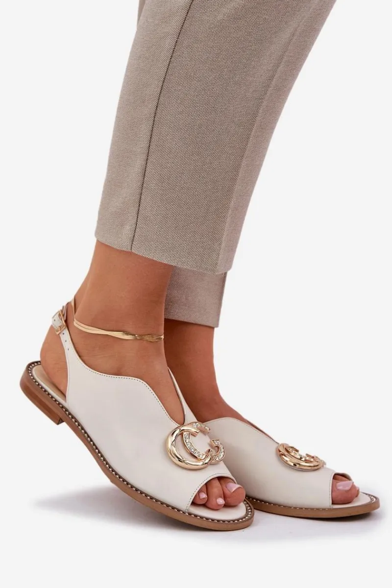 Best Skórzane Sandały Na Płaskim Obcasie Z Ozdobą 2865 Jasnobeżowe Damskie Sandały Płaskie