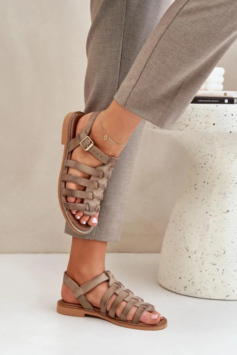 Sandały Płaskie>Boto Skórzane Sandały Na Płaskim Obcasie Zazoo 3686 Ciemnobeżowe