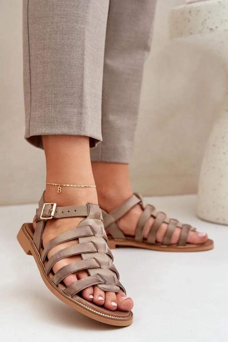 Sandały Płaskie>Boto Skórzane Sandały Na Płaskim Obcasie Zazoo 3686 Ciemnobeżowe