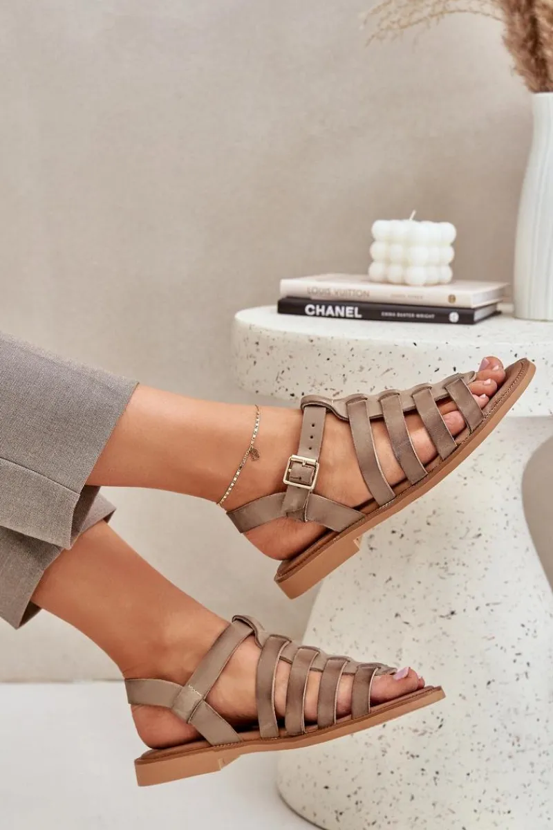 Sandały Płaskie>Boto Skórzane Sandały Na Płaskim Obcasie Zazoo 3686 Ciemnobeżowe