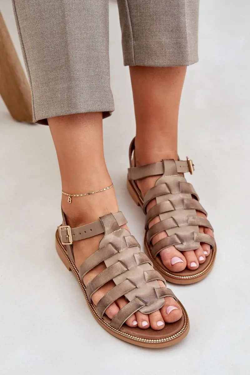 Sandały Płaskie>Boto Skórzane Sandały Na Płaskim Obcasie Zazoo 3686 Ciemnobeżowe