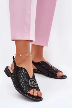 Outlet Damskie buty S.Barski Skórzane Sandały Na Płaskim Obcasie Z Ozdobą S.Barski KV51-094 Czarne Czarny