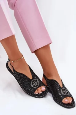 Outlet Damskie buty S.Barski Skórzane Sandały Na Płaskim Obcasie Z Ozdobą S.Barski KV51-094 Czarne Czarny