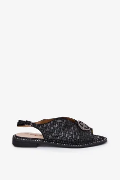 Outlet Damskie buty S.Barski Skórzane Sandały Na Płaskim Obcasie Z Ozdobą S.Barski KV51-094 Czarne Czarny