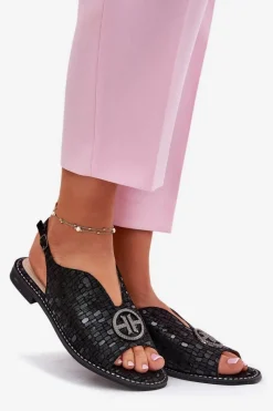 Outlet Damskie buty S.Barski Skórzane Sandały Na Płaskim Obcasie Z Ozdobą S.Barski KV51-094 Czarne Czarny