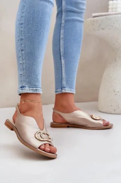 Sandały Płaskie>Laura Messi Skórzane Sandały Na Płaskim Obcasie Z Ozdobą 2865 Złote Złoty