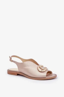 Sandały Płaskie></noscript>Laura Messi Skórzane Sandały Na Płaskim Obcasie Z Ozdobą 2865 Złote Złoty