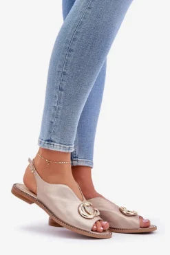 Sandały Płaskie></noscript>Laura Messi Skórzane Sandały Na Płaskim Obcasie Z Ozdobą 2865 Złote Złoty