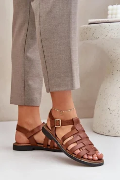 Sandały Płaskie>Boto Skórzane Sandały Na Płaskim Obcasie Zazoo 3686 Camel Brązowy