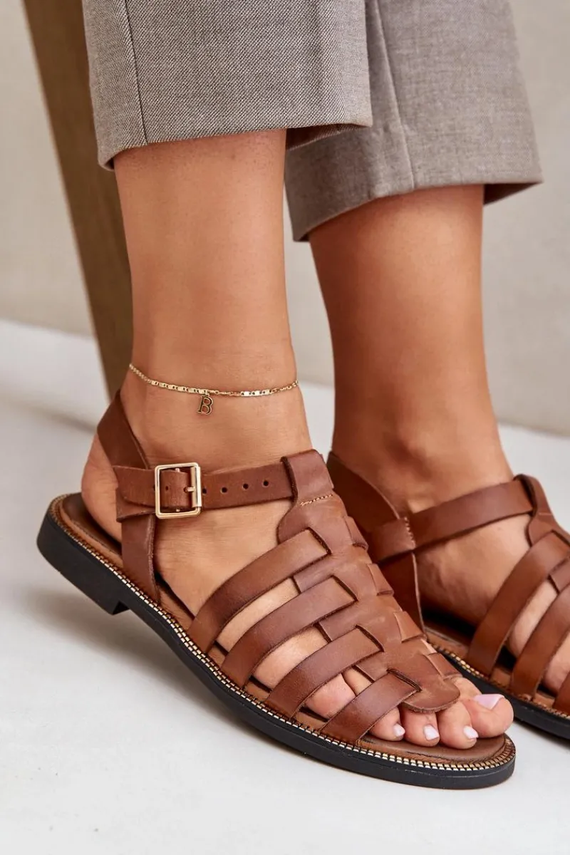 Sandały Płaskie>Boto Skórzane Sandały Na Płaskim Obcasie Zazoo 3686 Camel Brązowy