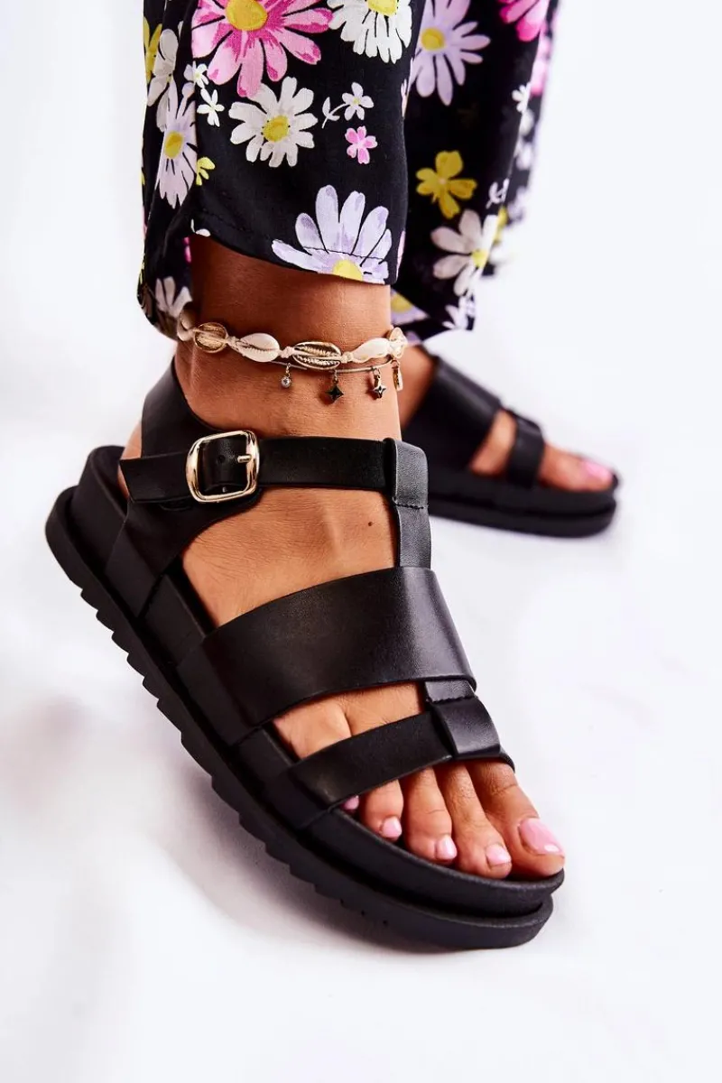 Clearance Skórzane Sandały Na Platformie Czarne Tessy Damskie Sandały Płaskie