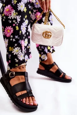 Clearance Skórzane Sandały Na Platformie Czarne Tessy Damskie Sandały Płaskie