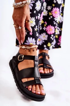 Clearance Skórzane Sandały Na Platformie Czarne Tessy Damskie Sandały Płaskie