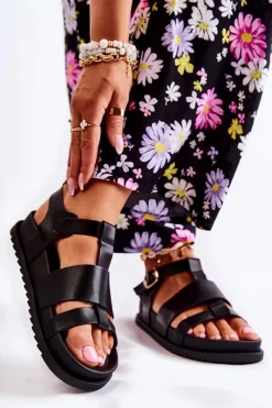 Clearance Skórzane Sandały Na Platformie Czarne Tessy Damskie Sandały Płaskie