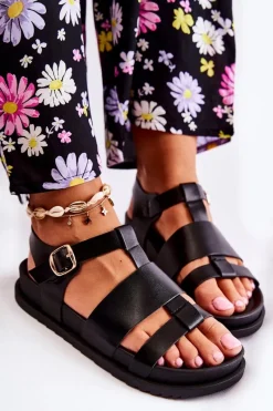 Clearance Skórzane Sandały Na Platformie Czarne Tessy Damskie Sandały Płaskie