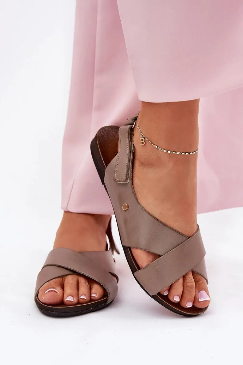 Clearance Zazoo Skórzane Sandały Na Rzep 40141 Ciemnobeżowe Beżowy