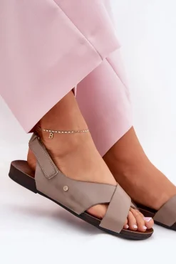 Clearance Zazoo Skórzane Sandały Na Rzep 40141 Ciemnobeżowe Beżowy