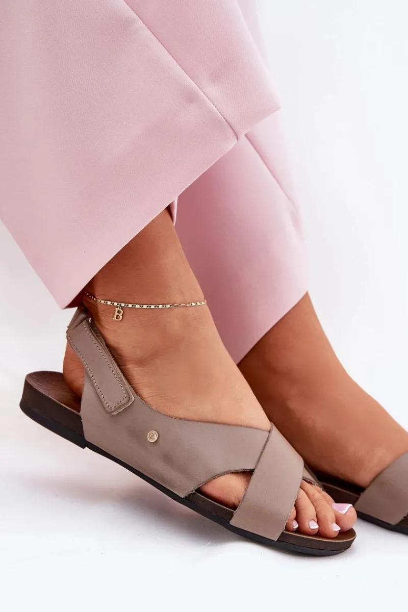 Clearance Zazoo Skórzane Sandały Na Rzep 40141 Ciemnobeżowe Beżowy