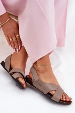 Clearance Zazoo Skórzane Sandały Na Rzep 40141 Ciemnobeżowe Beżowy