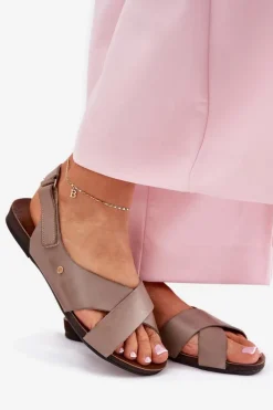 Clearance Zazoo Skórzane Sandały Na Rzep 40141 Ciemnobeżowe Beżowy